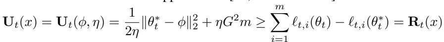 在线梯度下降的遗憾上界。该上界取决于学习率 eta、最优任务参数与初始化之间的距离以及一个复杂度项。