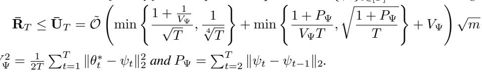 自适应算法在动态环境下的平均遗憾上界。该上界取决于参考序列的偏差 V_psi 和路径长度 P_psi。