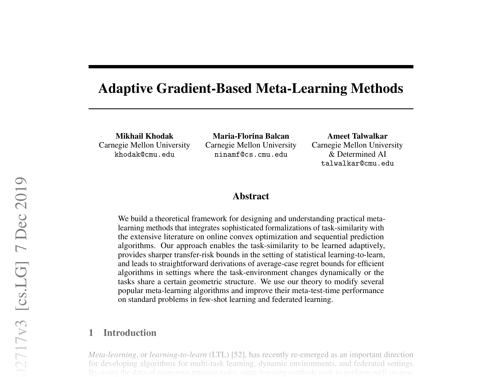[Adaptive Gradient-Based Meta-Learning Methods 🔗](https://arxiv.org/abs/1906.02717)