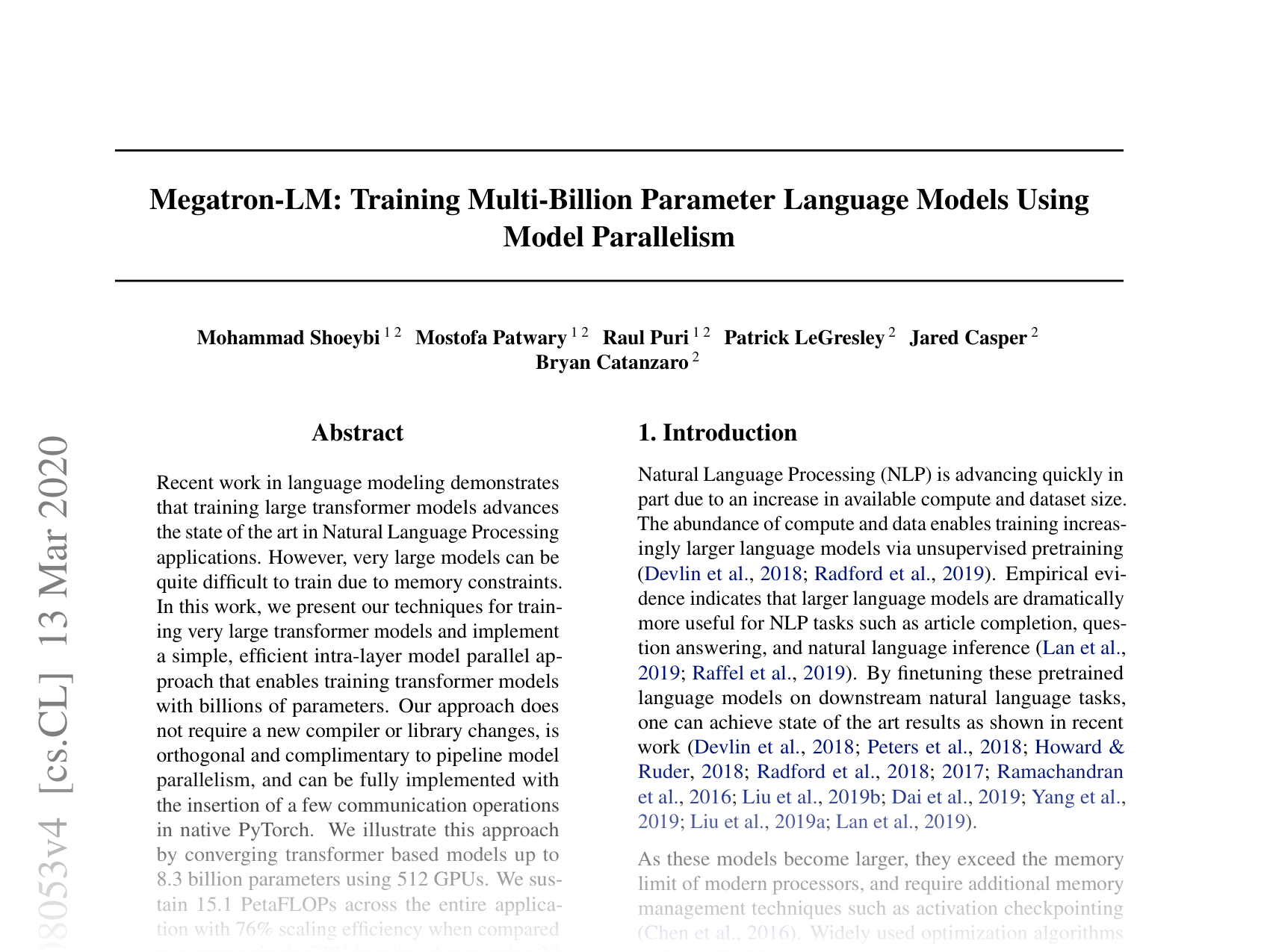 [Megatron-LM: Training Multi-Billion Parameter Language Models Using Model Parallelism 🔗](https://arxiv.org/abs/1909.08053)