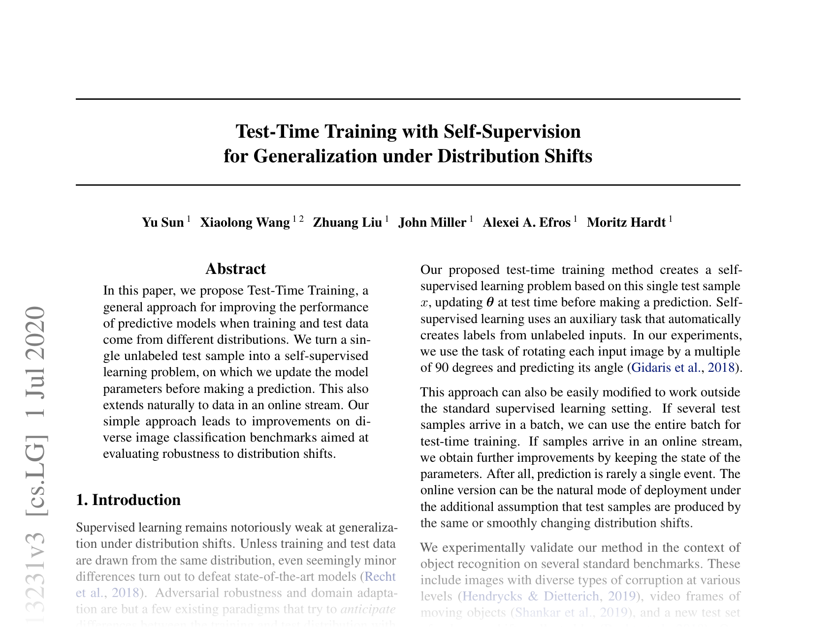 [Test-Time Training with Self-Supervision for Generalization under Distribution Shifts 🔗](https://arxiv.org/abs/1909.13231)