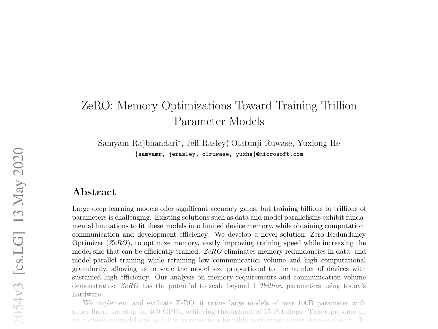 [ZeRO: Memory Optimizations Toward Training Trillion Parameter Models 🔗](https://arxiv.org/abs/1910.02054)