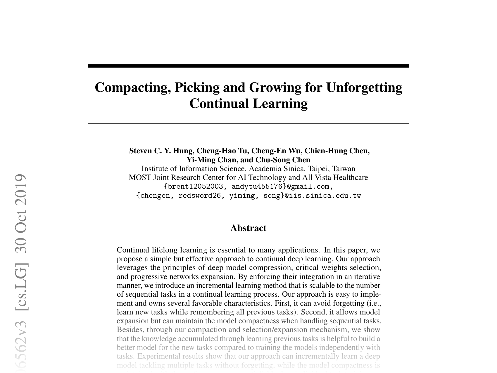 [Compacting, Picking and Growing for Unforgetting Continual Learning 🔗](https://arxiv.org/abs/1910.06562)
