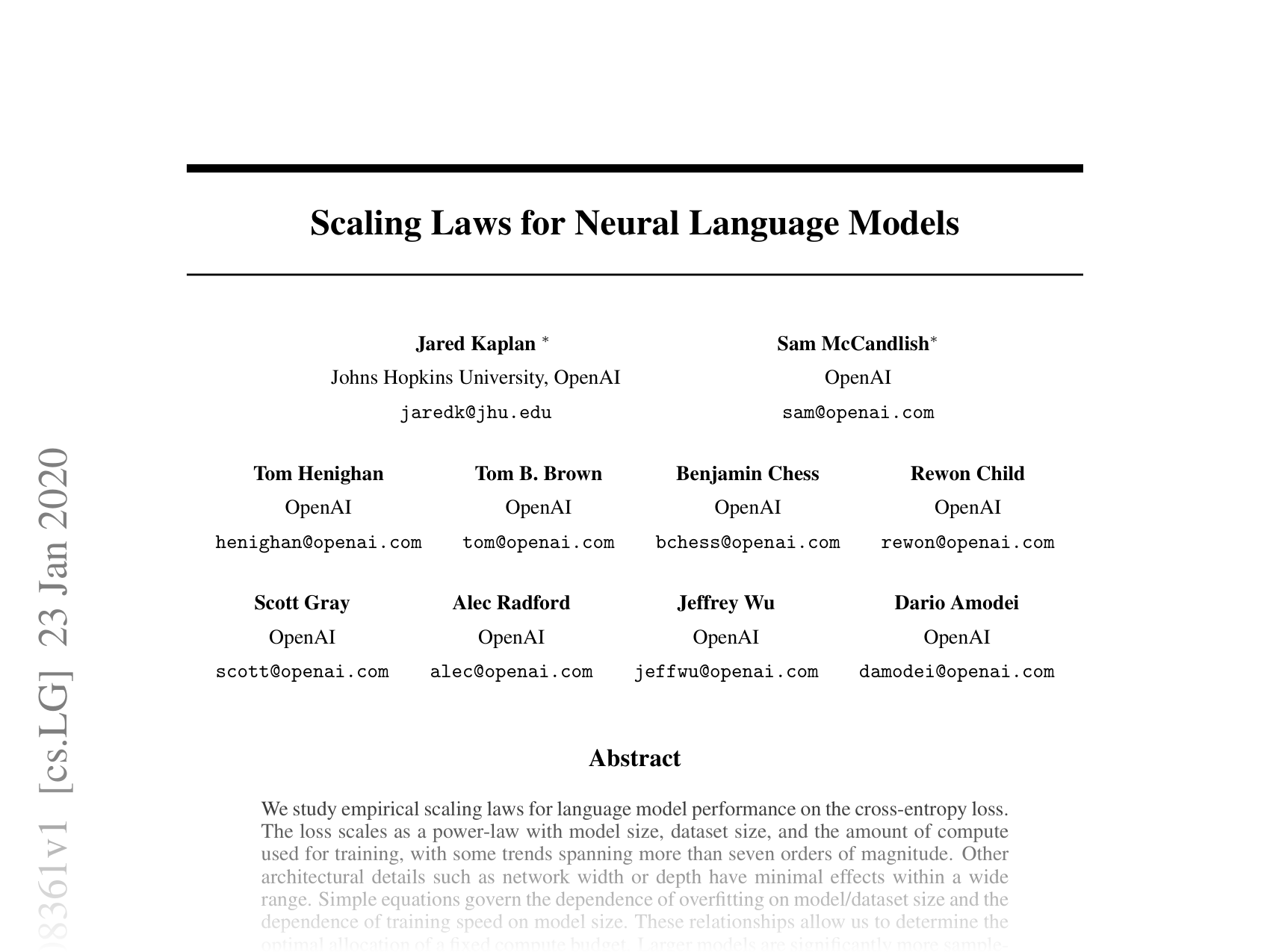 [Scaling Laws for Neural Language Models 🔗](https://arxiv.org/abs/2001.08361)