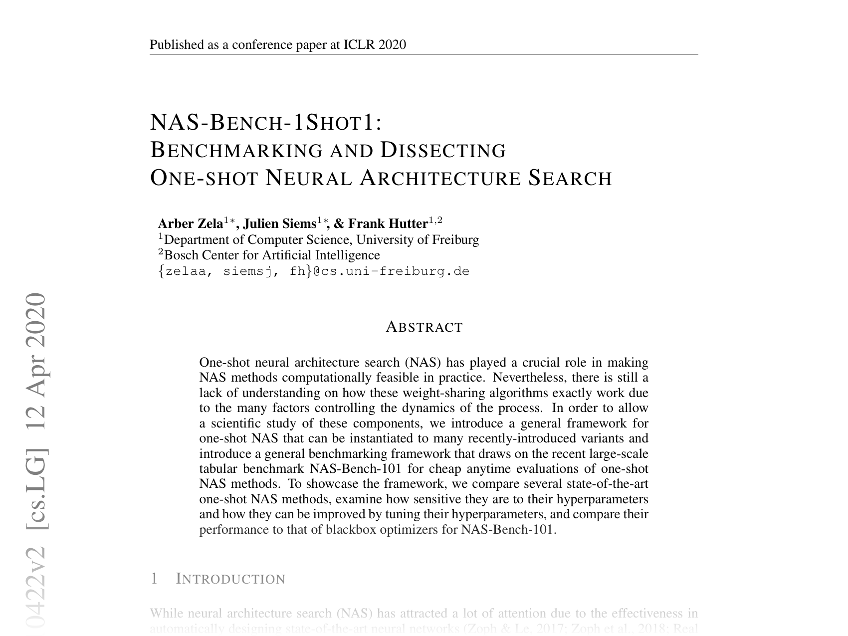 [NAS-Bench-1Shot1: Benchmarking and Dissecting One-shot Neural Architecture Search 🔗](https://arxiv.org/abs/2001.10422)