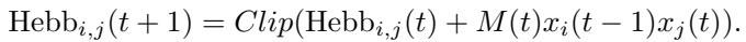 Modified Hebbian update rule for simple neuromodulation: the learning rate η is replaced by the network’s own modulatory output M(t), which varies in time.