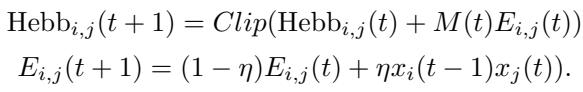 Equations for retroactive neuromodulation: Equation (4) shows Hebbian updates gated by M(t); Equation (5) defines eligibility traces as decaying averages of pre- and post-synaptic activity.