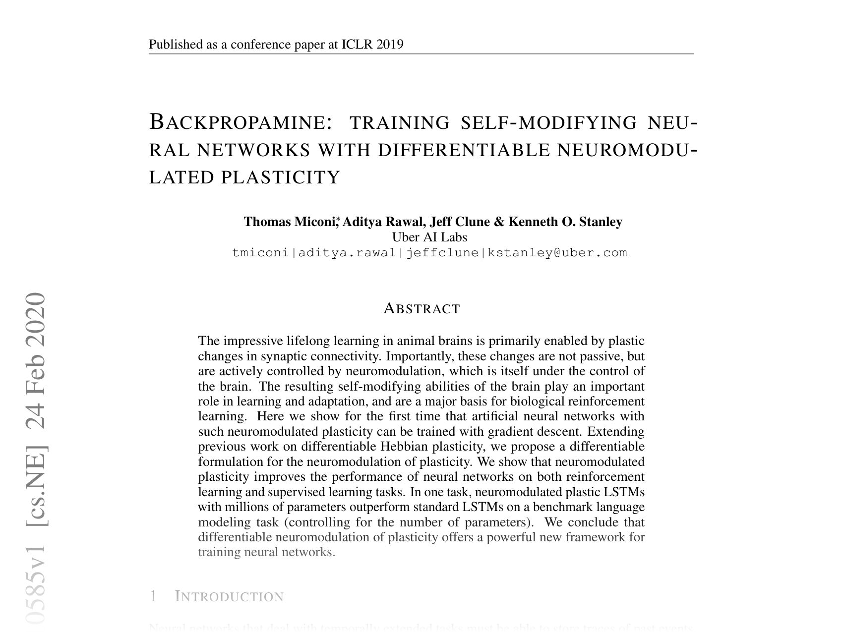 [BACKPROPAMINE: TRAINING SELF-MODIFYING NEURAL NETWORKS WITH DIFFERENTIABLE NEUROMODULATED PLASTICITY 🔗](https://arxiv.org/abs/2002.10585)
