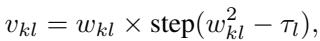 硬剪枝的公式，其中剪枝后权重 v 等于原始权重 w 乘以一个基于权重平方幅度与阈值的阶跃函数。