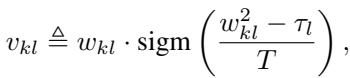 软剪枝的公式，其中阶跃函数被 sigmoid 函数替代。温度参数 T 控制曲线的陡峭程度。
