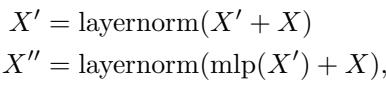 Equations for residual connections and layer normalization.