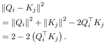 Equation showing the relationship between Euclidean distance and dot product for unit vectors.