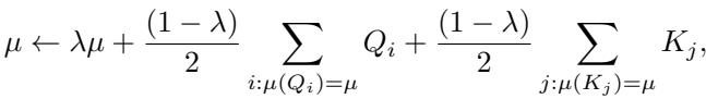 Equation for updating cluster centroids with an exponential moving average.