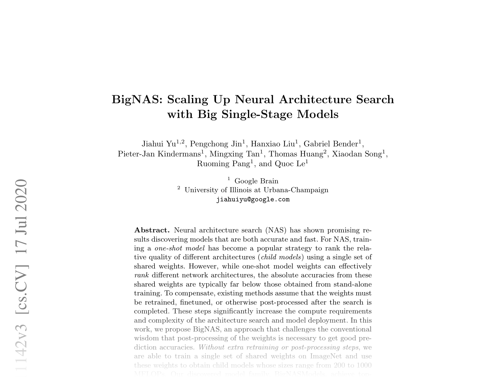 [BigNAS: Scaling Up Neural Architecture Search with Big Single-Stage Models 🔗](https://arxiv.org/abs/2003.11142)