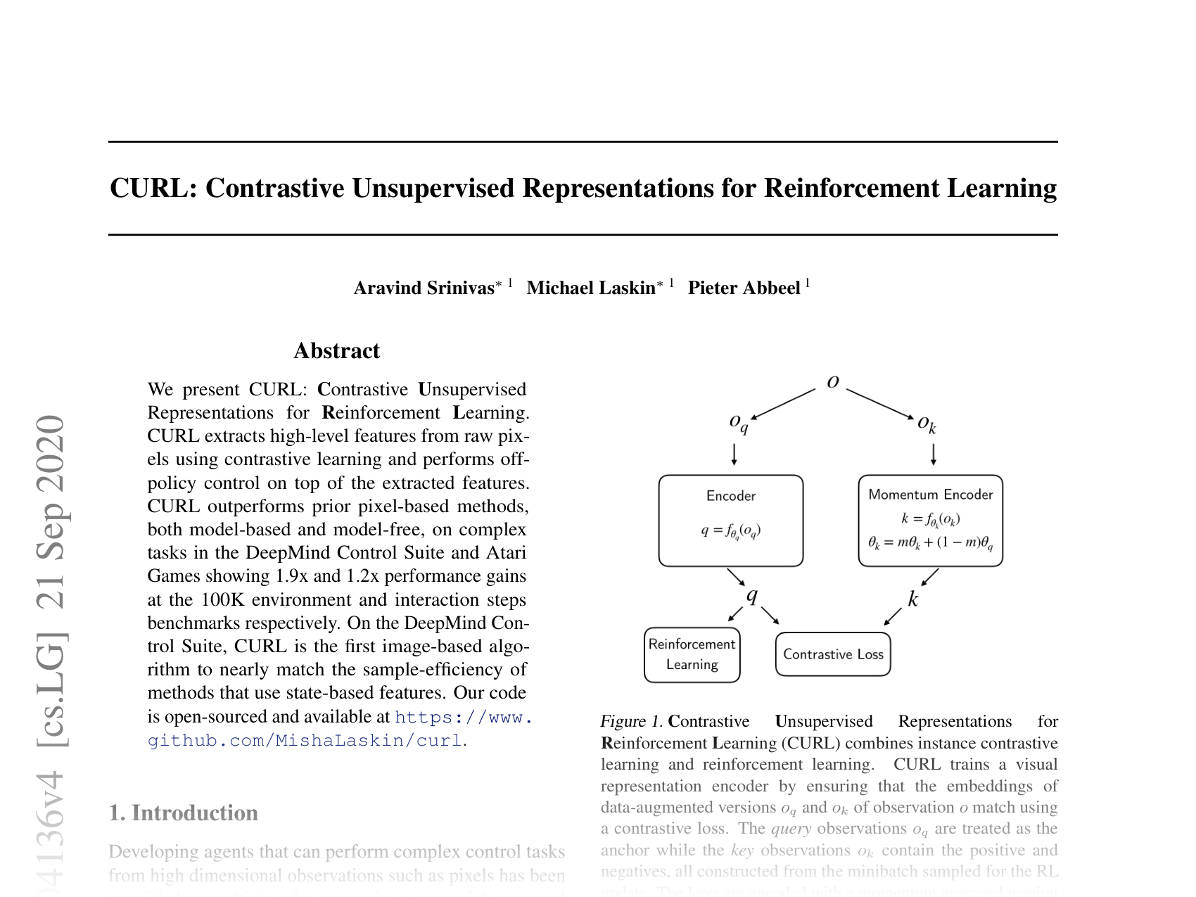 [CURL: Contrastive Unsupervised Representations for Reinforcement Learning 🔗](https://arxiv.org/abs/2004.04136)