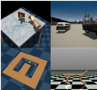 A collage of the diverse and challenging environments included in the D4RL benchmark.