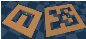 The Maze2D environment, where agents must navigate to a goal. The ‘umaze’ (left) and ‘medium’ (right) layouts are shown.