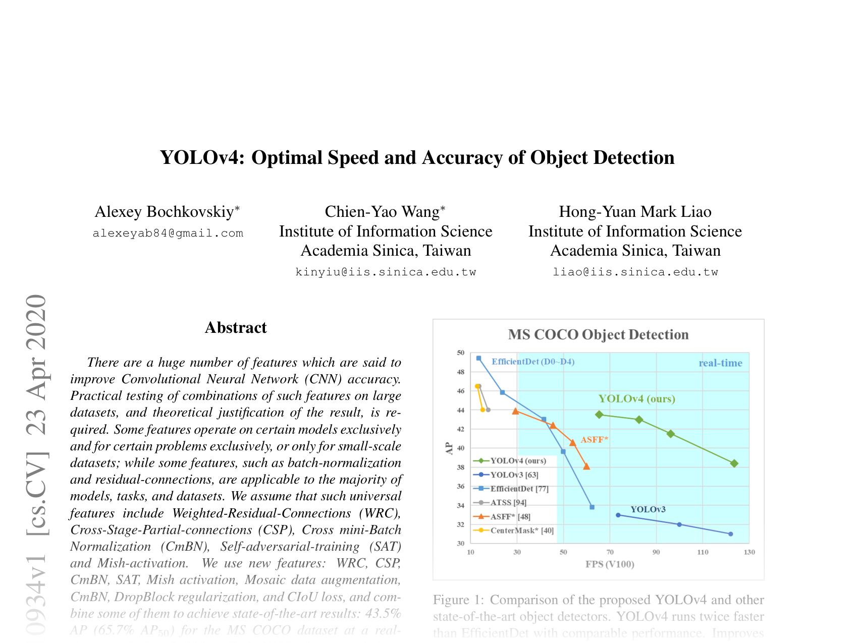 [YOLOv4: Optimal Speed and Accuracy of Object Detection 🔗](https://arxiv.org/abs/2004.10934)