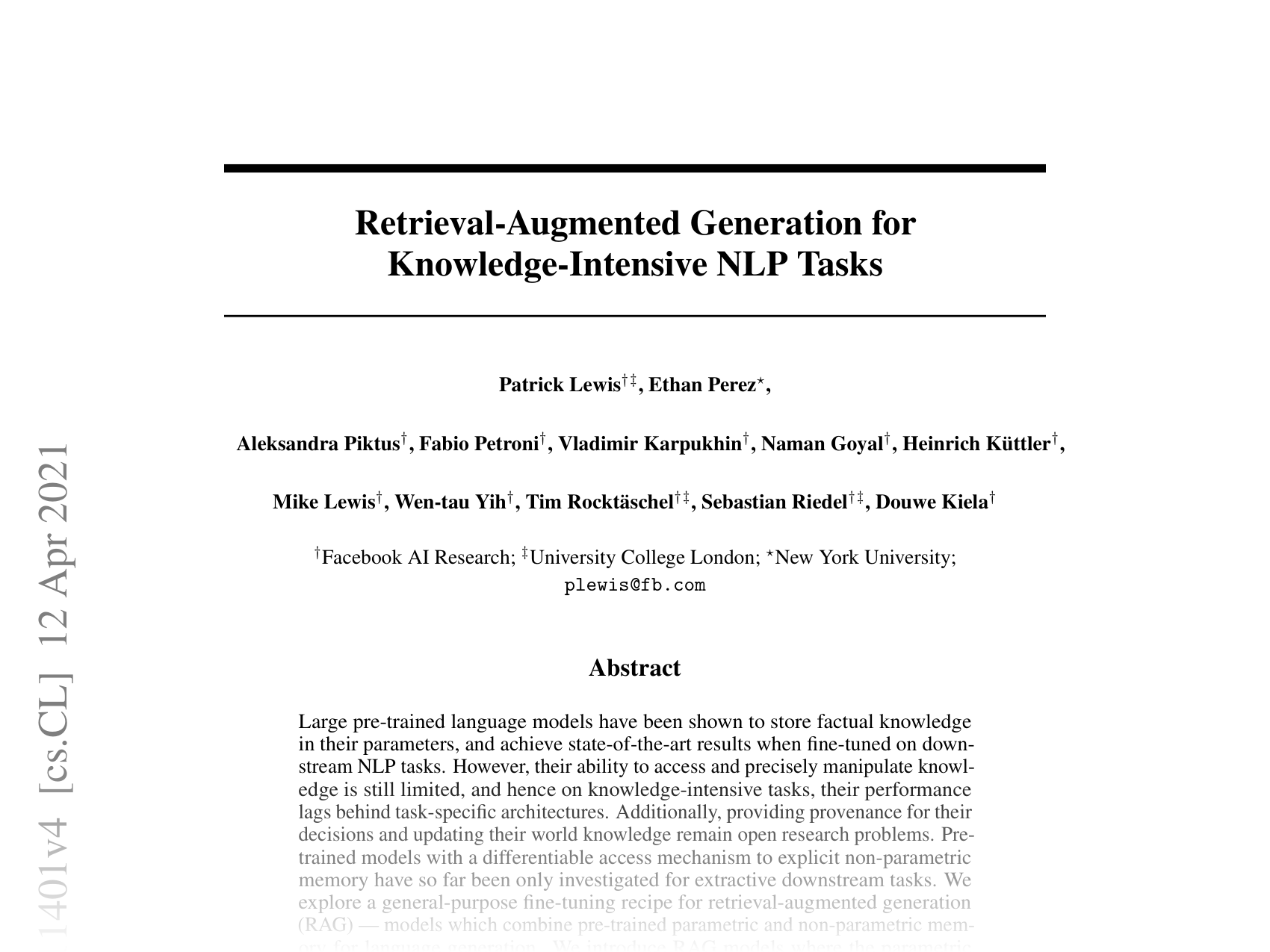 [Retrieval-Augmented Generation for Knowledge-Intensive NLP Tasks 🔗](https://arxiv.org/abs/2005.11401)
