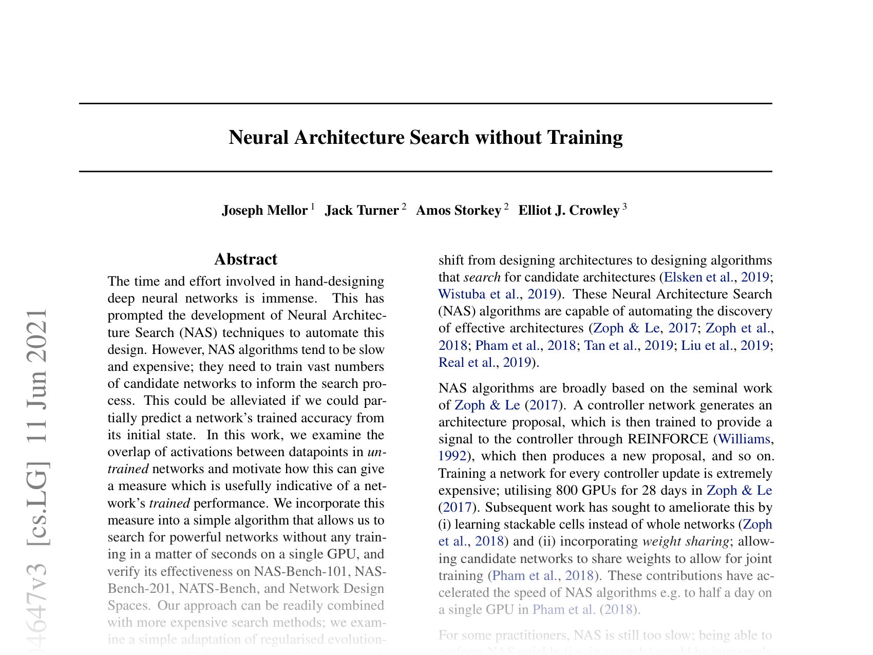 [Neural Architecture Search without Training 🔗](https://arxiv.org/abs/2006.04647)