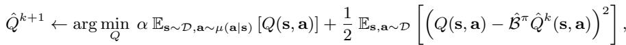 Equation 1 from the paper, showing the Bellman error term plus a new term that minimizes Q-values under a distribution μ.