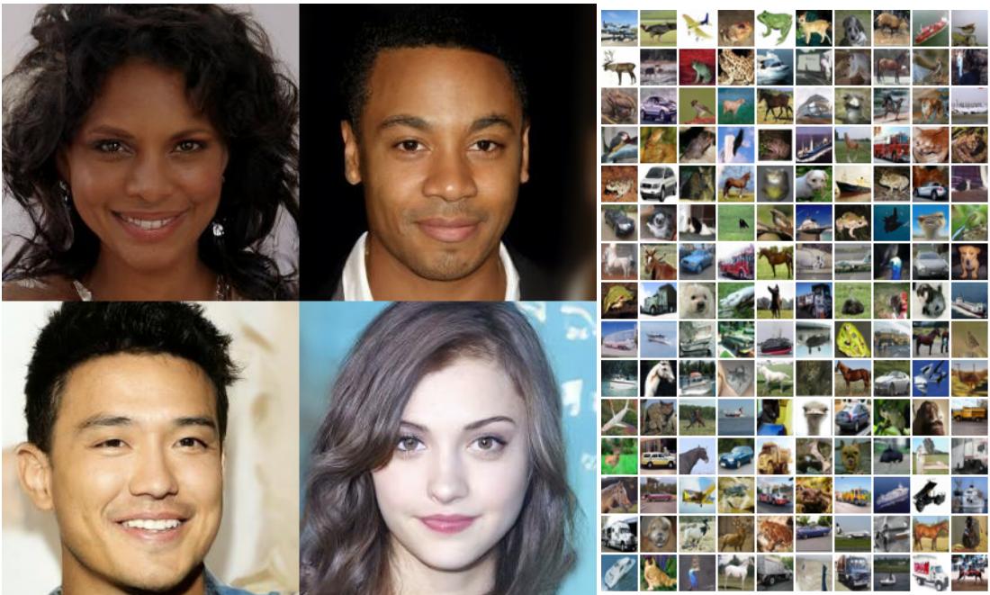 Generated samples from the DDPM paper. On the left are 256×256 faces from the CelebA-HQ dataset. On the right are 32×32 images from the unconditional CIFAR10 dataset.