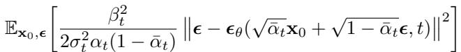 The simplified loss term, a weighted mean squared error between the true and predicted noise.