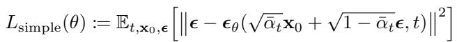 The simplified objective function, L_simple, which is an unweighted mean squared error between the true and predicted noise.
