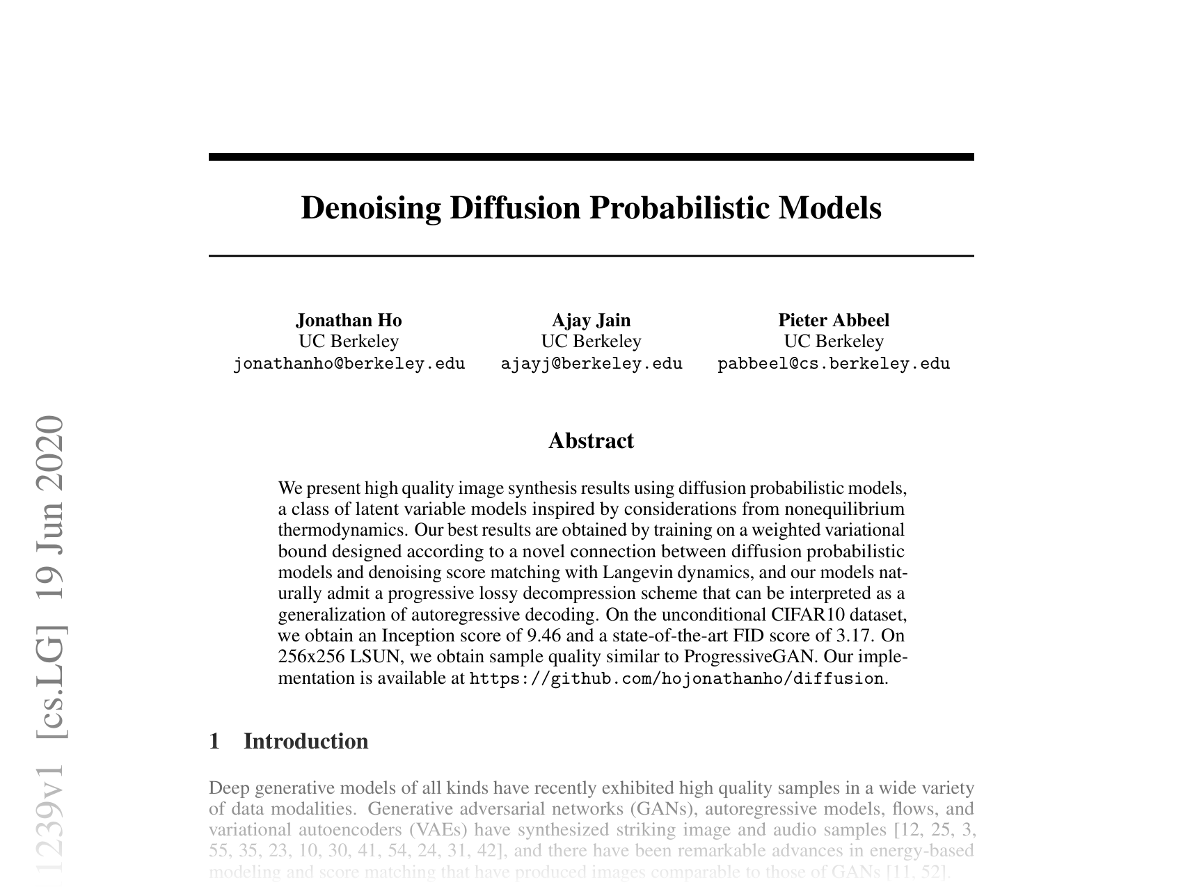 [Denoising Diffusion Probabilistic Models 🔗](https://arxiv.org/abs/2006.11239)