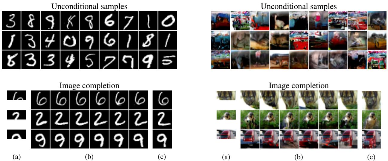 Unconditional samples and image completions for MNIST generated by the Linear Transformer. The model produces sharp, convincing digits.