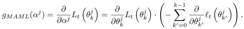 元损失相对于学习率向量 alpha 的梯度。它是元损失梯度与内循环梯度之和的点积。