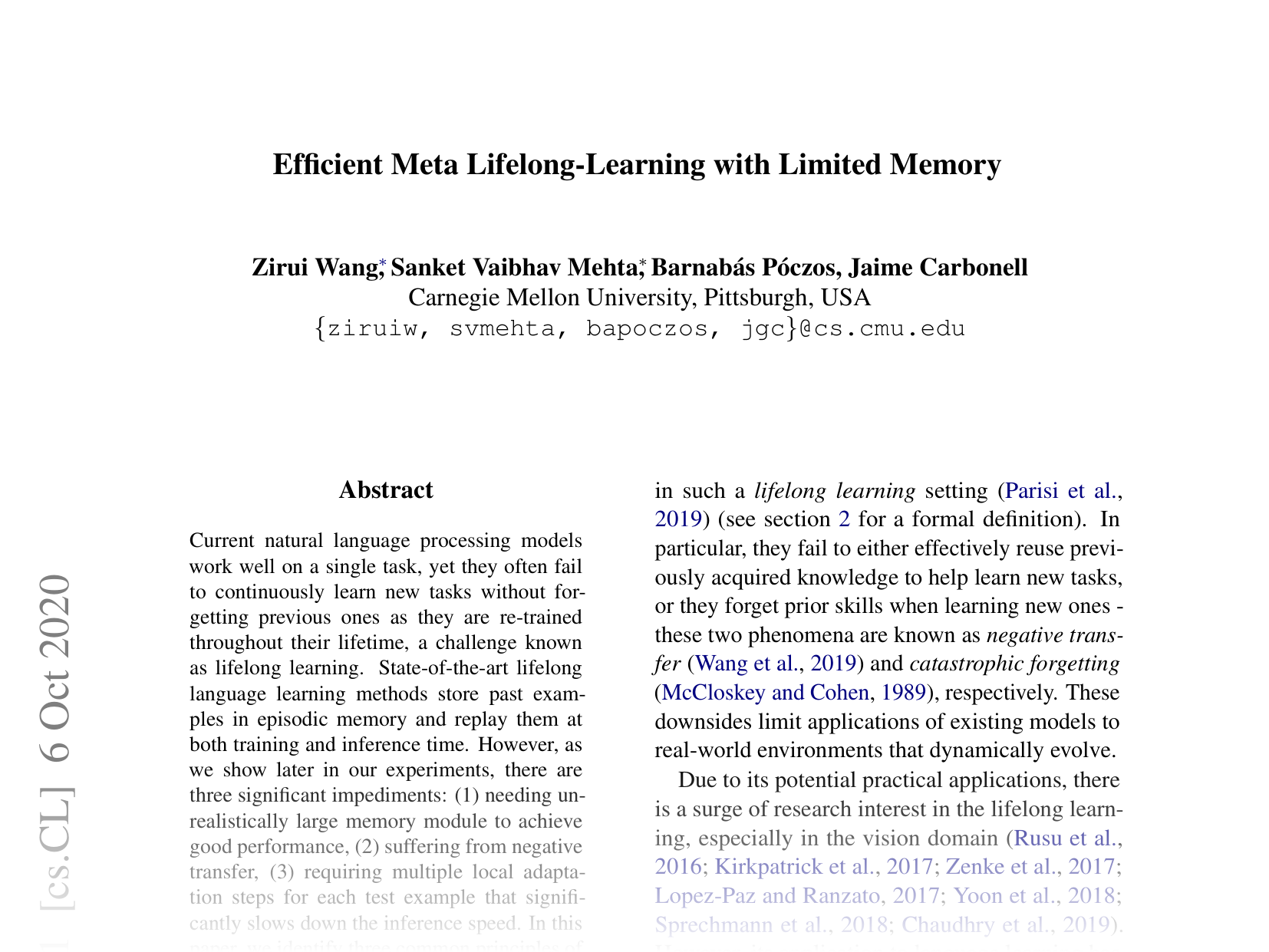 [Efficient Meta Lifelong-Learning with Limited Memory 🔗](https://arxiv.org/abs/2010.02500)