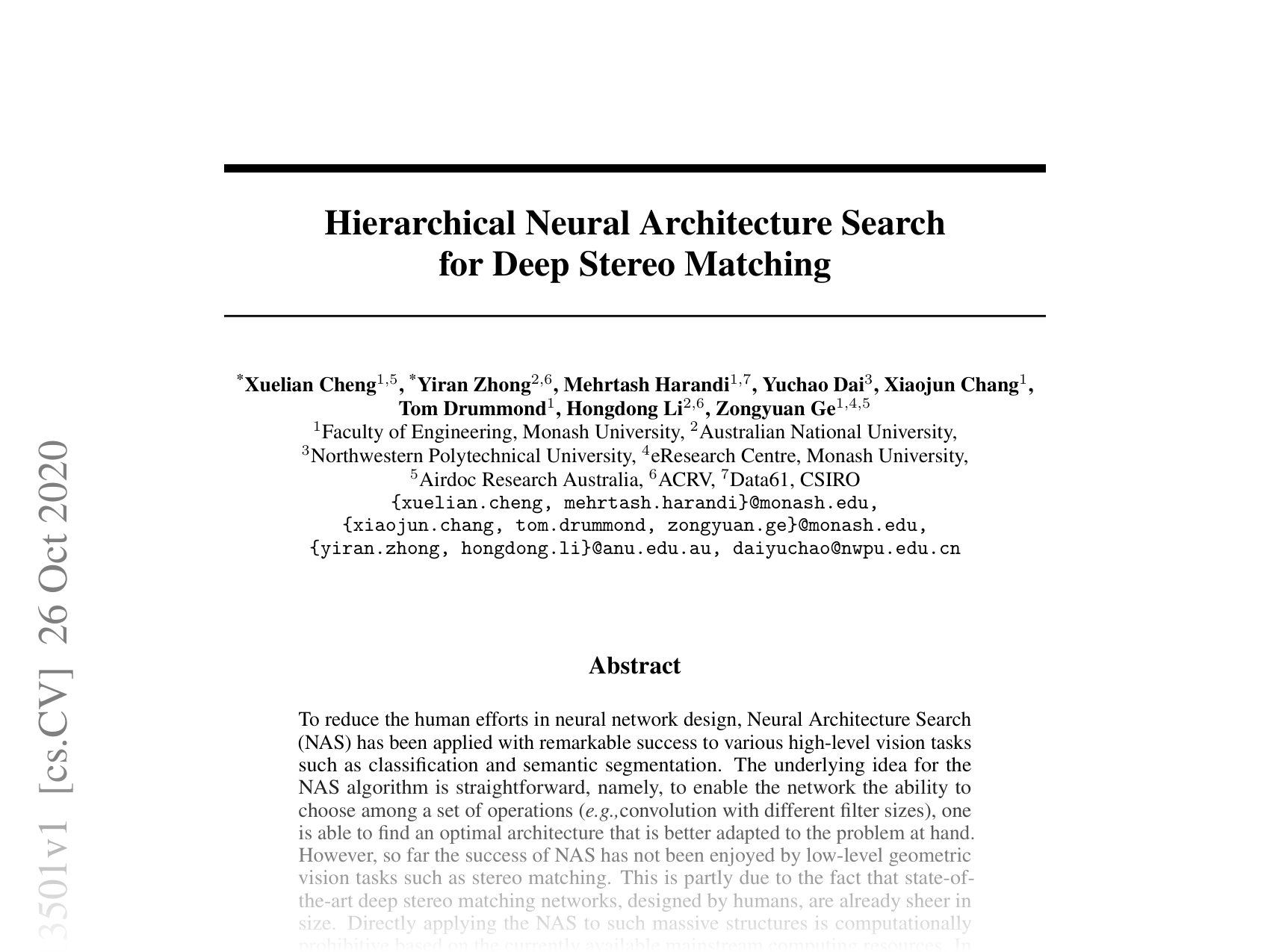 [Hierarchical Neural Architecture Search for Deep Stereo Matching 🔗](https://arxiv.org/abs/2010.13501)