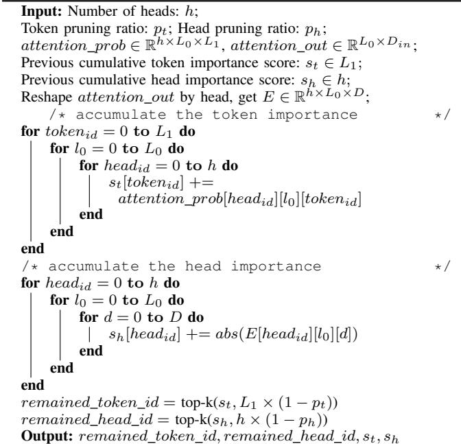 Heatmap of attention probabilities. Column sums give importance scores; low-score tokens are pruned.
