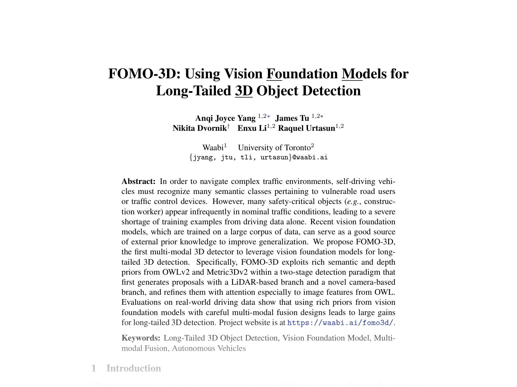 [FOMO-3D: Using Vision Foundation Models for Long-Tailed 3D Object Detection 🔗](https://openreview.net/pdf?id=19LSN4QnV4)