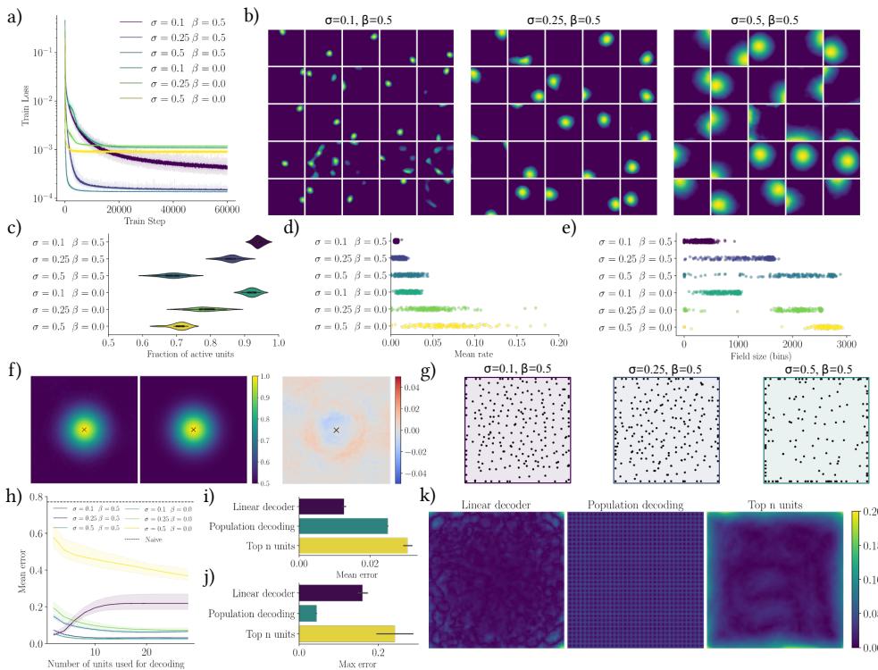 Results from training a feedforward network. Panels (a–k) show training loss, activity maps, rate distributions, and decoding accuracy.