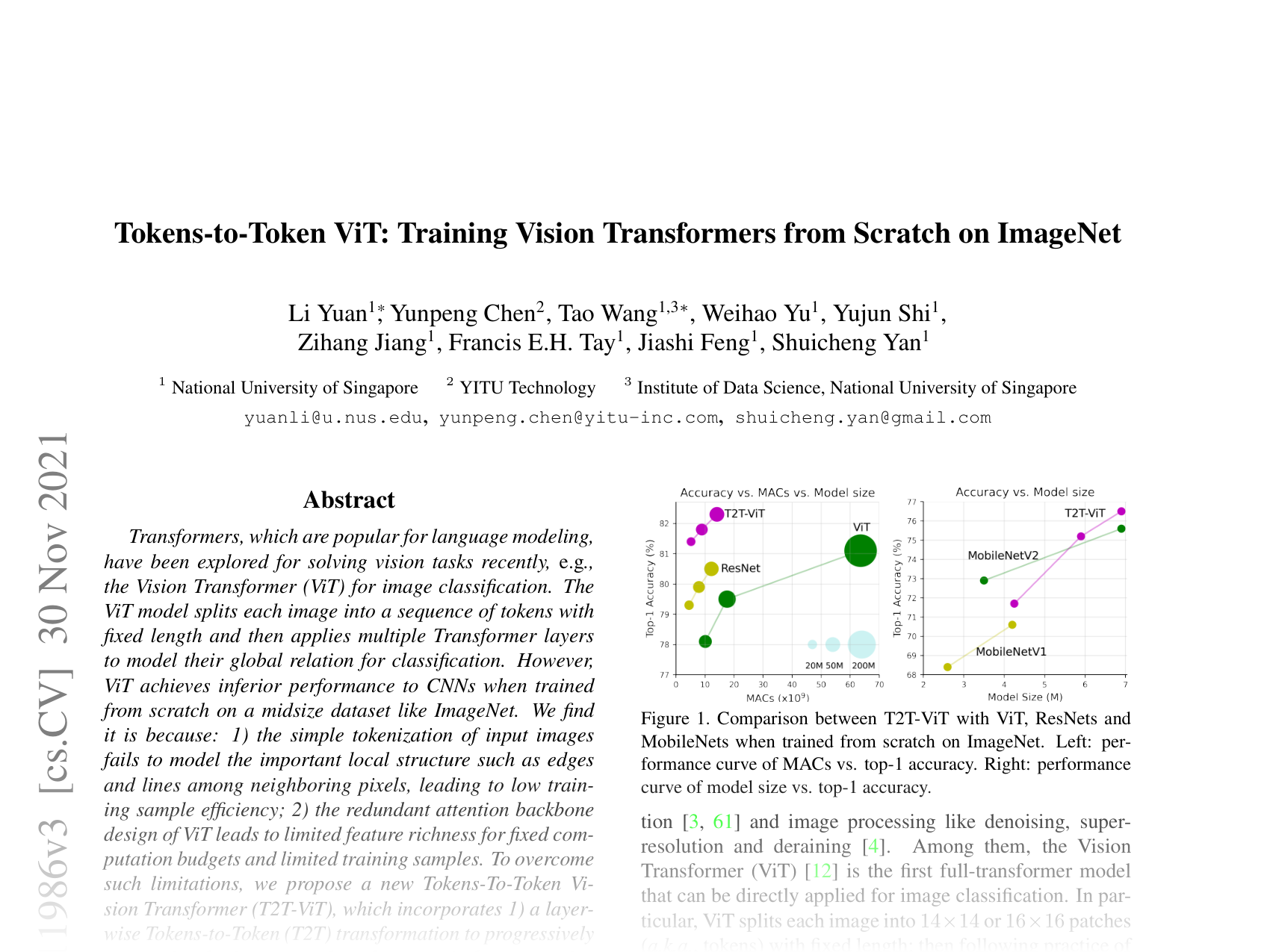 [Tokens-to-Token ViT: Training Vision Transformers from Scratch on ImageNet 🔗](https://arxiv.org/abs/2101.11986)