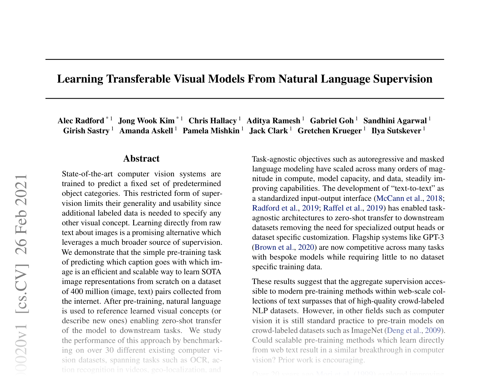 [Learning Transferable Visual Models From Natural Language Supervision 🔗](https://arxiv.org/abs/2103.00020)