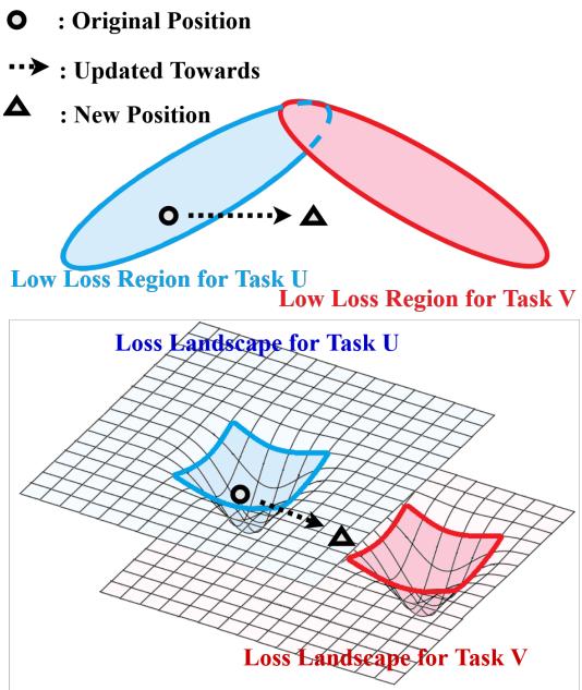 当模型学习任务 V 时,它会偏离任务 U 的最优配置,展示了灾难性遗忘的现象。
