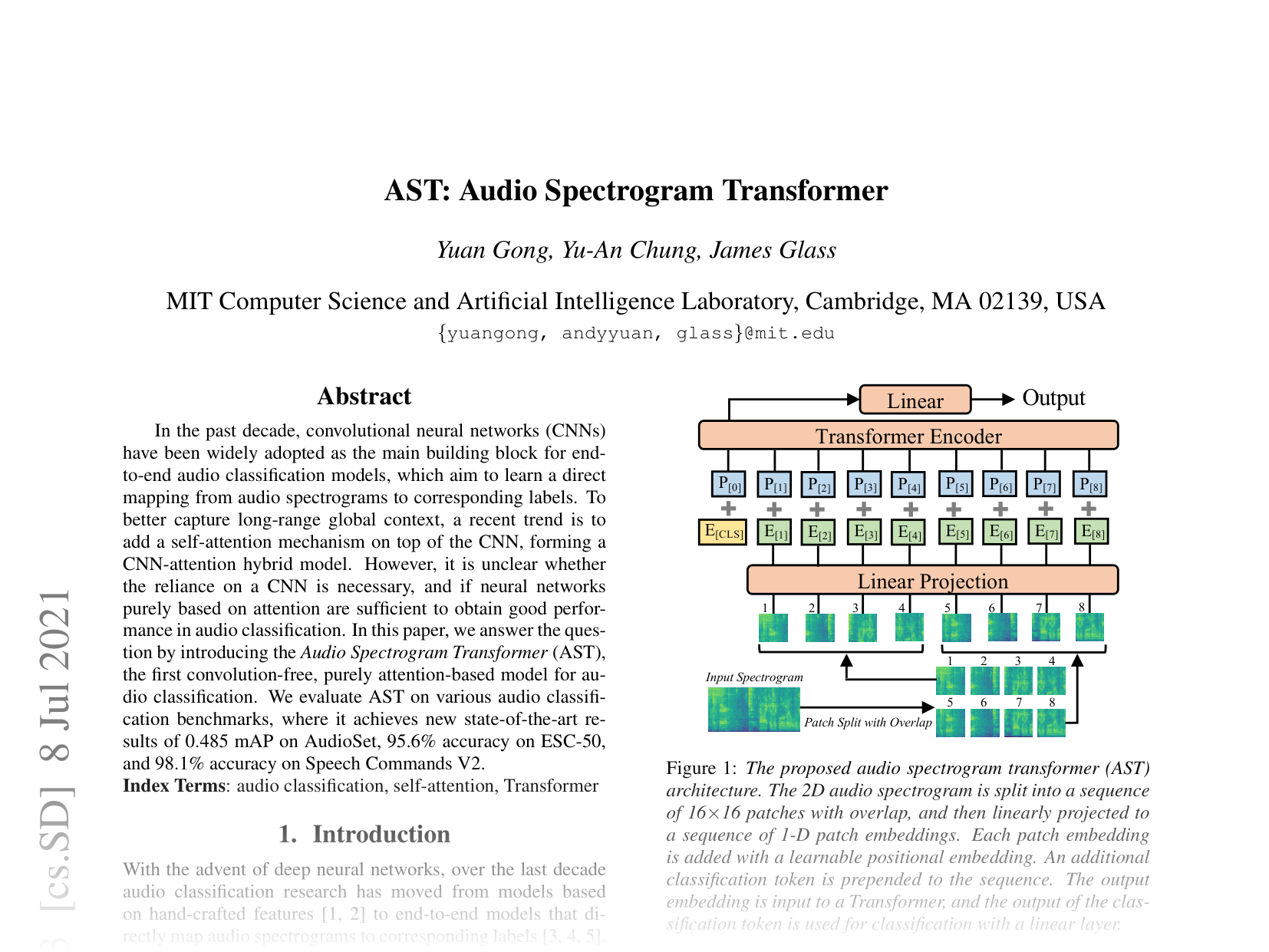 [AST: Audio Spectrogram Transformer 🔗](https://arxiv.org/abs/2104.01778)