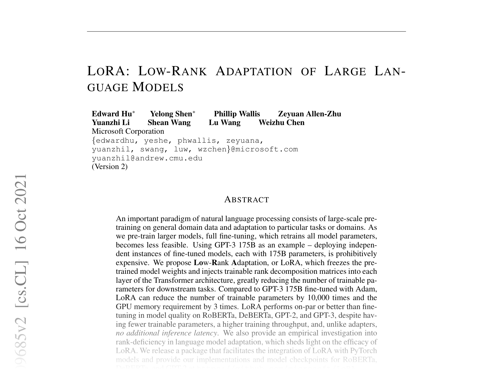 [LoRA: Low-Rank Adaptation of Large Language Models 🔗](https://arxiv.org/abs/2106.09685)