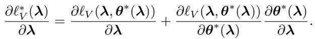 超梯度的链式法则展开，展示了 lambda 如何通过模型参数 theta 影响验证损失。