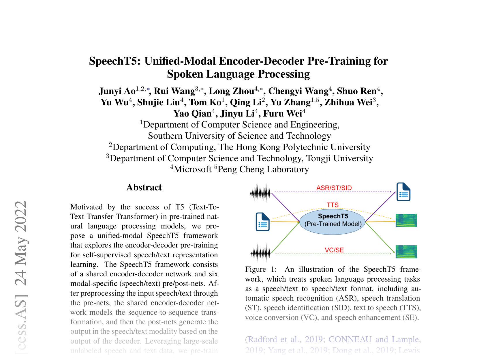 [SpeechT5: Unified-Modal Encoder-Decoder Pre-Training for Spoken Language Processing 🔗](https://arxiv.org/abs/2110.07205)