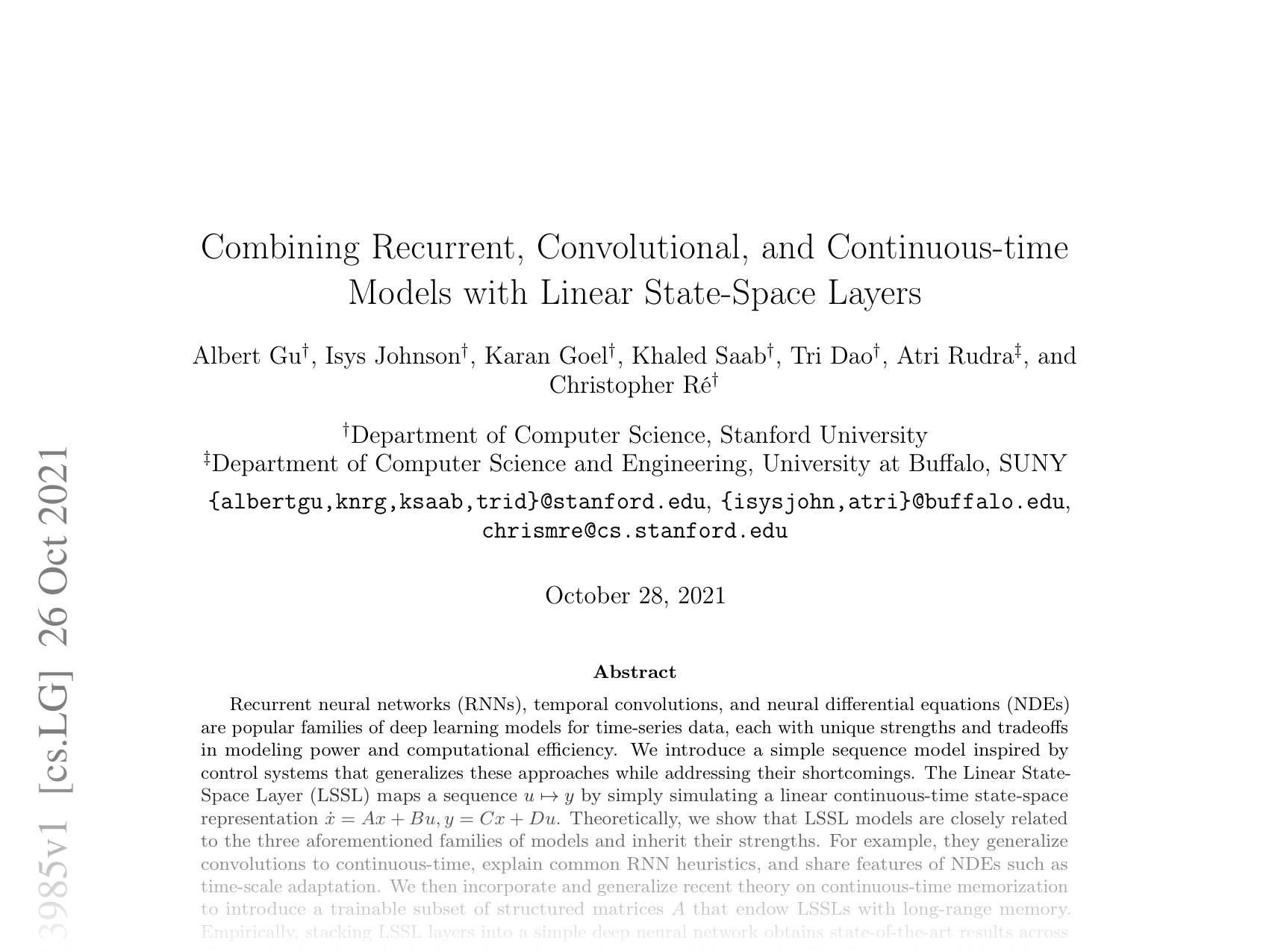 [Combining Recurrent, Convolutional, and Continuous-time Models with Linear State-Space Layers 🔗](https://arxiv.org/abs/2110.13985)