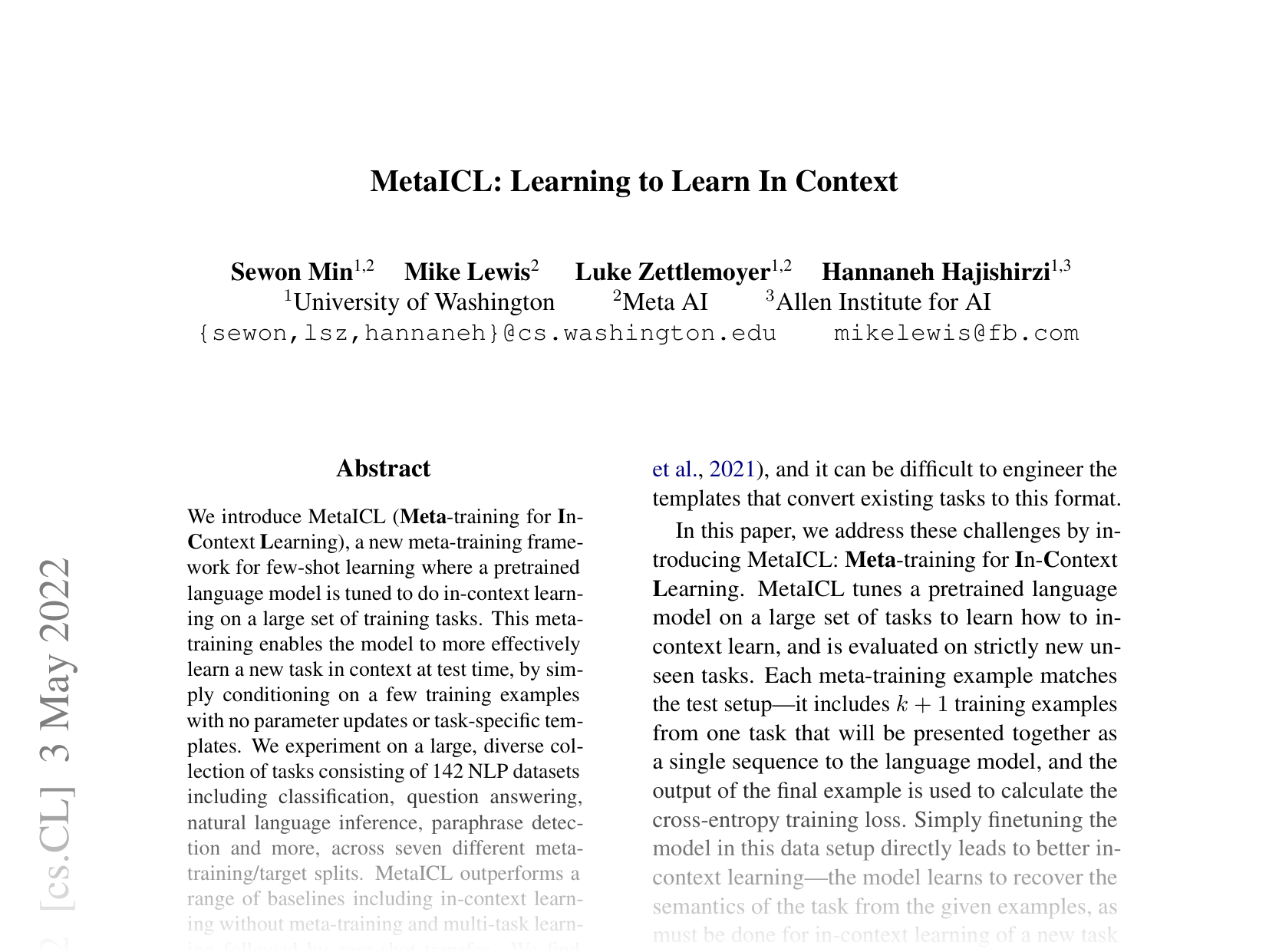 [MetaICL: Learning to Learn In Context 🔗](https://arxiv.org/abs/2110.15943)