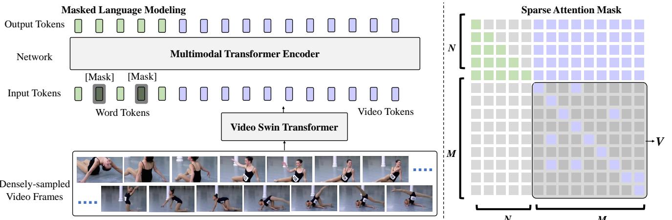 Overview of the SWINBERT framework. Video frames are fed into a Video Swin Transformer to produce video tokens. These are combined with word tokens and processed by a Multimodal Transformer Encoder, regularized by a learnable Sparse Attention Mask.