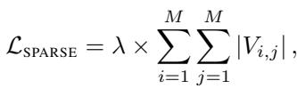 The sparsity loss equation, penalizing absolute values in attention mask V to encourage sparsity.