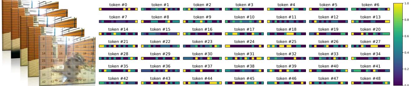 Visualization of learned sparse attention mask. Boundary tokens for background have sparse attention; action-centric tokens show dense attention.