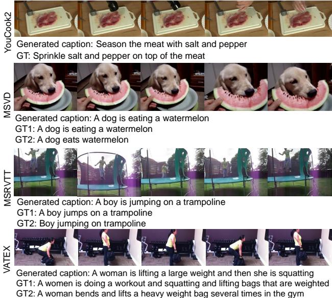 Example video frames from different datasets with accurate captions by SWINBERT.