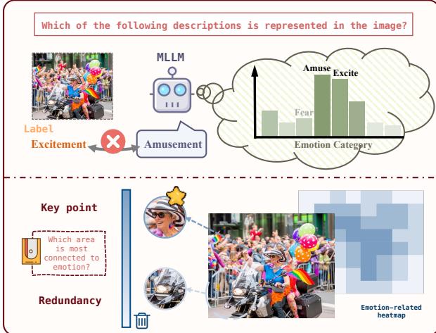 A figure illustrating the confusion MLLMs face between similar emotions like amusement and excitement, and how visual redundancy distracts the model.